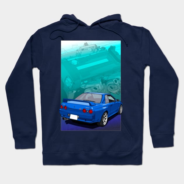 Nissan Skyline GTR R32 (with RB26 background) Hoodie by ArtyMotive